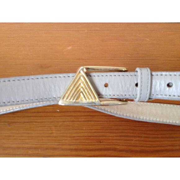 Vtg 70s 80s Evan Picone Skinny Gray Leather Belt w Solid Brass Logo Buckle 34 main image 4